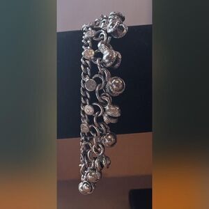 Silver Tone Charm Chain Bracelet Womens 7 Inch Hook Clasp Dangle Beads Boho 7.5”